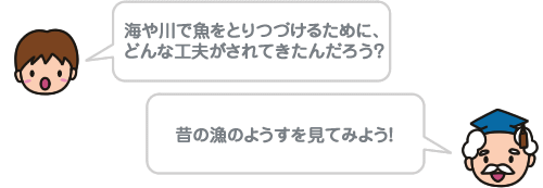 海や川で魚をとりつづけるために、 どんな工夫がされてきたんだろう？ 昔の漁のようすを見てみよう！