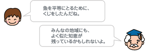 魚を平等にとるために、くじをしたんだね。みんなの地域にも、よく似た知恵が残っているかもしれないよ。