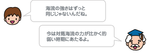 海流の強さはずっと同じじゃないんだね。 今は対馬海流の力が比かく的弱い時期にあたるよ。