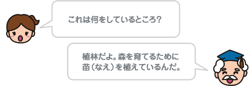 これは何をしているところ?植林だよ。森を育てるために苗(なえ)を植えているんだ。